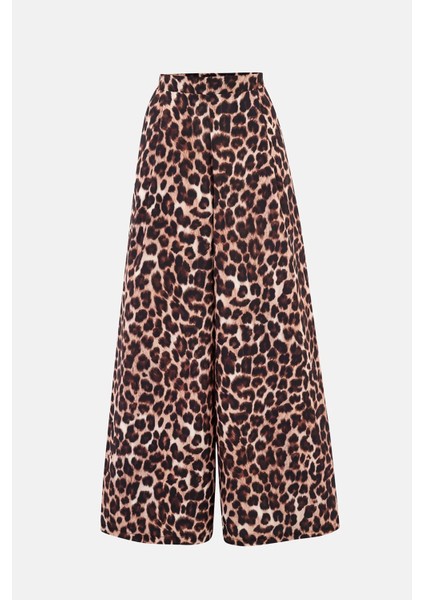 Kadın Bağcıklı Orta Bel Geniş Bacaklı Hayvan Baskılı Pantolon Brown
