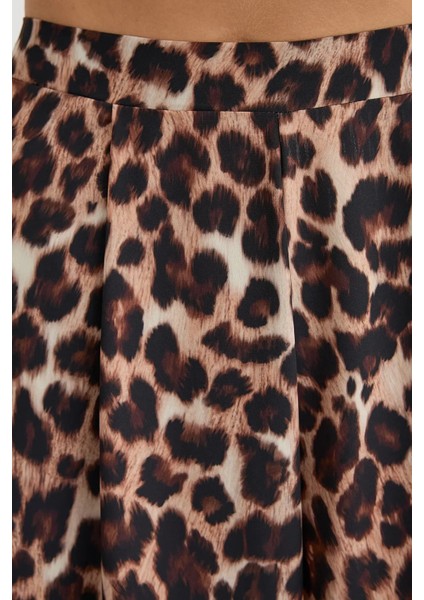 Kadın Bağcıklı Orta Bel Geniş Bacaklı Hayvan Baskılı Pantolon Brown