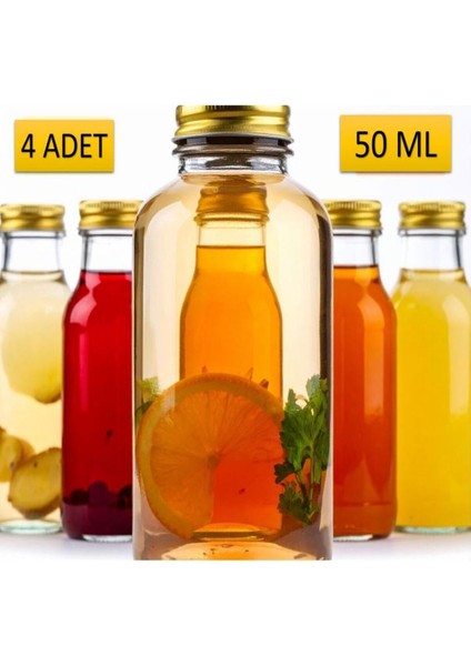 4 Adet - 50 ml Şeffaf Cam Şişe Gold Kapak Limonata Şişesi Kolonya Şişesi, Meyve Suyu Şişesi, 50 ml
