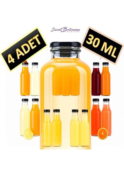 4 Adet - 30 ml Şeffaf Cam Şişe Siyah Kapak Limonata Şişesi Kolonya Şişesi, Meyve Suyu Şişesi, 30 ml