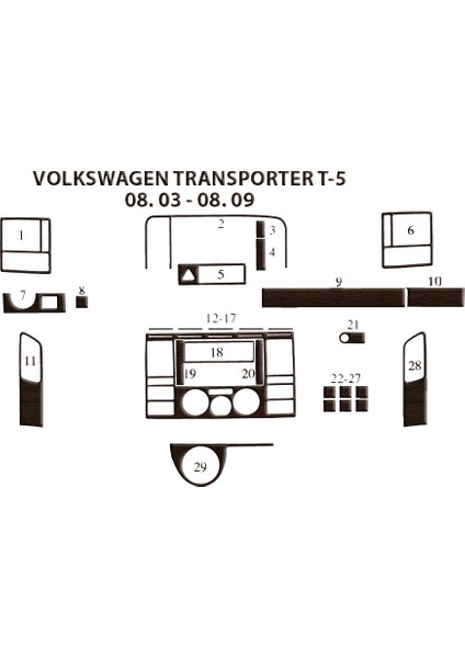 Volkswagen Transporter T5 Piano Black Kaplama 2003-2009 29 Parç Koyu Meşe