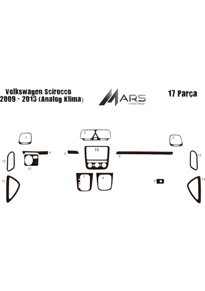 Volkswagen Scirocco Konsol-Torpido Kaplama 2013 14 Parça (Analo Koyu Meşe