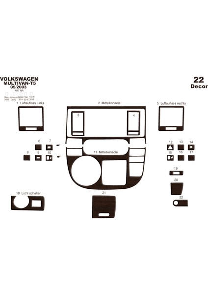 Volkswagen T5 Multivan Konsol-Torpido Kaplama 2003-2009 22 Parç Koyu Meşe
