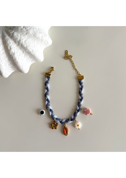 Çelik Charmlı Lacivert Örgü Bileklik