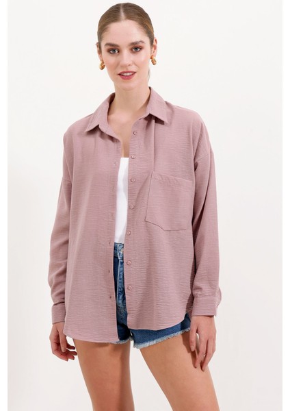 Kadın Bdart Cepli Oversize Düğmeli Keten Karışımlı Gömlek Pink
