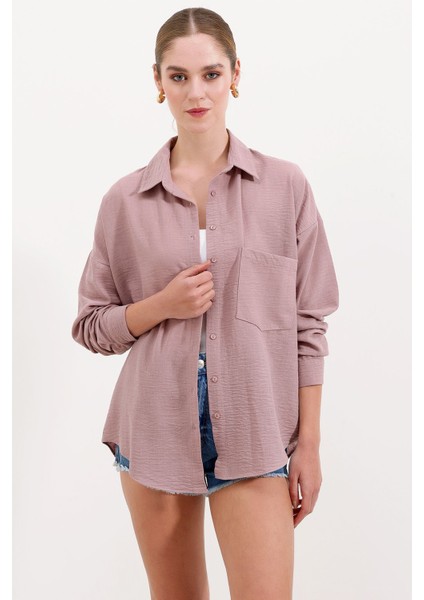Kadın Bdart Cepli Oversize Düğmeli Keten Karışımlı Gömlek Pink fiyatları