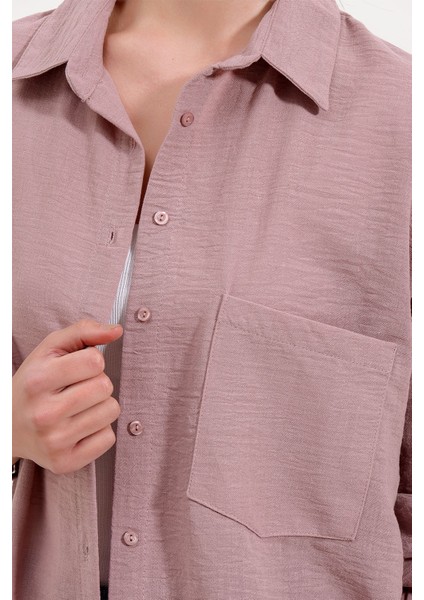 Kadın Bdart Cepli Oversize Düğmeli Keten Karışımlı Gömlek Pink modelleri