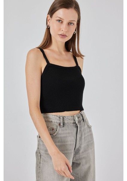 Kadın Bdart Kare Yaka Ribana Örgü Crop Top Black fırsatları