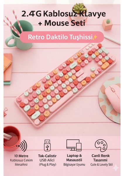 2.4g Kablosuz Retro Daktilo Tipi Klavye Mouse Seti – Sessiz Tuşlar | Cute & Lovely Tasarım Mofii
