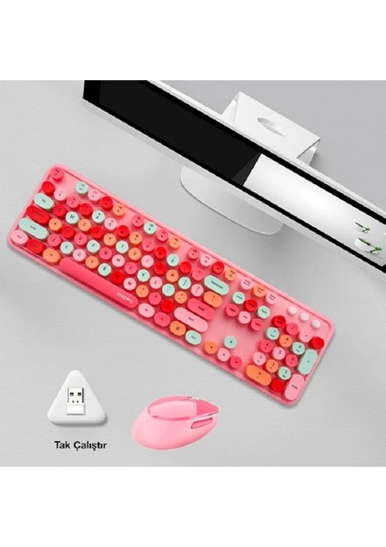 2.4g Kablosuz Retro Daktilo Tipi Klavye Mouse Seti – Sessiz Tuşlar | Cute & Lovely Tasarım Mofii