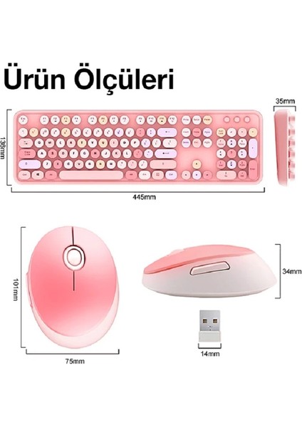 2.4g Kablosuz Retro Daktilo Tipi Klavye Mouse Seti – Sessiz Tuşlar | Cute & Lovely Tasarım Mofii