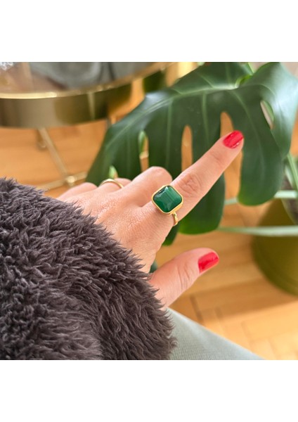 Çelik Yeşil Taşlı Yüzük
