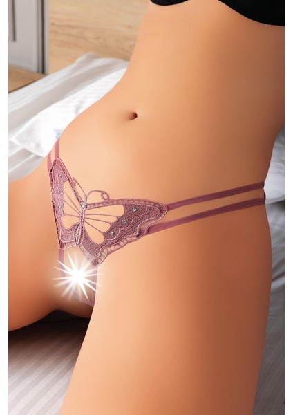 Özel Bölgesi Açık Kelebek Işlemeli Fantezi Desenli Taşlı Vizon Tanga String
