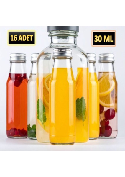 16 Adet - 30 ml Şeffaf Cam Şişe Gümüş Kapak Limonata Şişesi Kolonya Şişesi, Meyve Suyu Şişesi, 30 ml