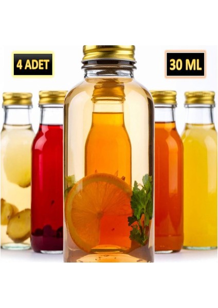 4 Adet - 30 ml Şeffaf Cam Şişe Gold Kapak Limonata Şişesi Kolonya Şişesi, Meyve Suyu Şişesi, 30 ml