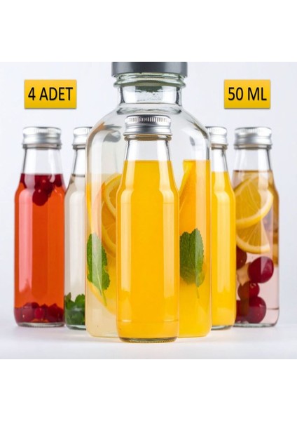4 Adet - 50 ml Şeffaf Cam Şişe Gümüş Kapak Limonata Şişesi Kolonya Şişesi, Meyve Suyu Şişesi, 50 ml