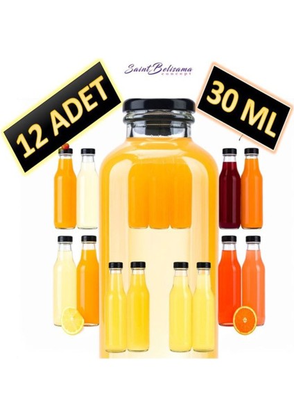 12 Adet - 30 ml Şeffaf Cam Şişe Siyah Kapak Limonata Şişesi Kolonya Şişesi, Meyve Suyu Şişesi, 30 ml