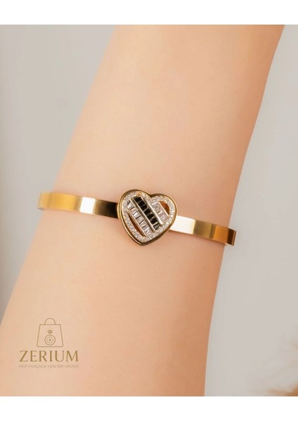 Altın Renk Kaplamalı Zirkon Taşu Süslemeli Kalpli Kadın Bileklik 316L Çelik