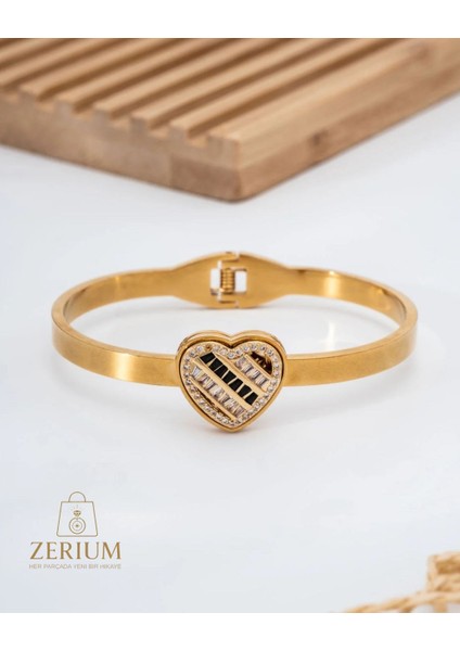 Altın Renk Kaplamalı Zirkon Taşu Süslemeli Kalpli Kadın Bileklik 316L Çelik fiyatları