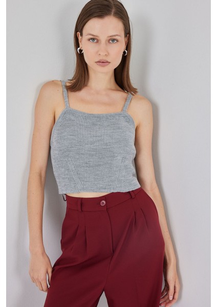 Kadın Bdart Kare Yaka Ribana Örgü Crop Top Grey