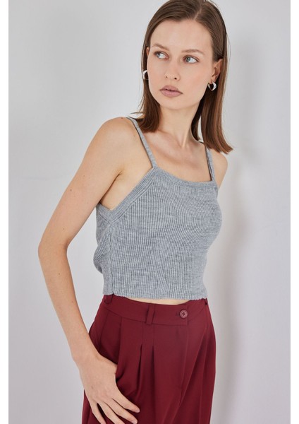 Kadın Bdart Kare Yaka Ribana Örgü Crop Top Grey modelleri