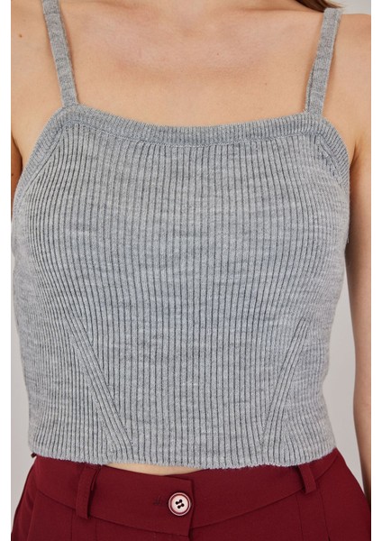 Kadın Bdart Kare Yaka Ribana Örgü Crop Top Grey indirimleri