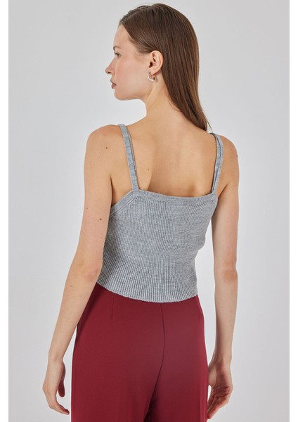 Kadın Bdart Kare Yaka Ribana Örgü Crop Top Grey