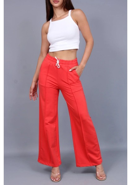 Viva Kırmızı Bağcıklı Ön Dikiş Detaylı Geniş Paça Kadın Eşofman Altı