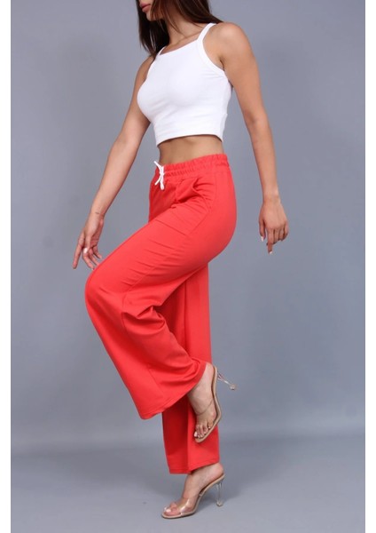 Viva Kırmızı Bağcıklı Ön Dikiş Detaylı Geniş Paça Kadın Eşofman Altı fiyatları
