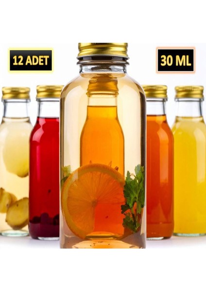 12 Adet - 30 ml Şeffaf Cam Şişe Gold Kapak Limonata Şişesi Kolonya Şişesi, Meyve Suyu Şişesi, 30 ml