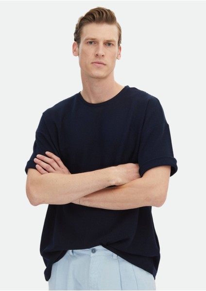 Lacivert Jakarlı Bisiklet Yaka %100 Pamuk T-Shirt