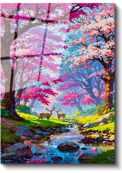 Cam Dikey Duvar Tablosu Cam Pembe Ağaç Geyik Ev Ofis Salon Modern Duvar Tablosu