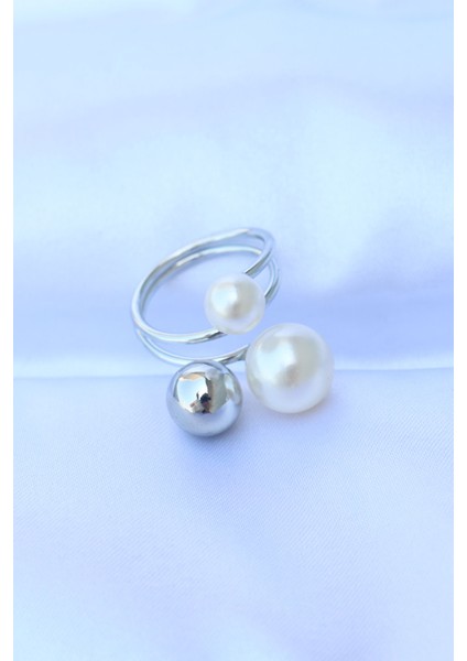 Pirinç Gümüş Renk Ayarlanabilir Inci Taşlı Yüzük fiyatları