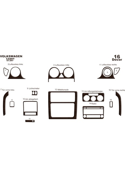 Volkswagen Caddy Konsol-Torpido Kaplama 2004-2009 16 Parça Koyu Meşe