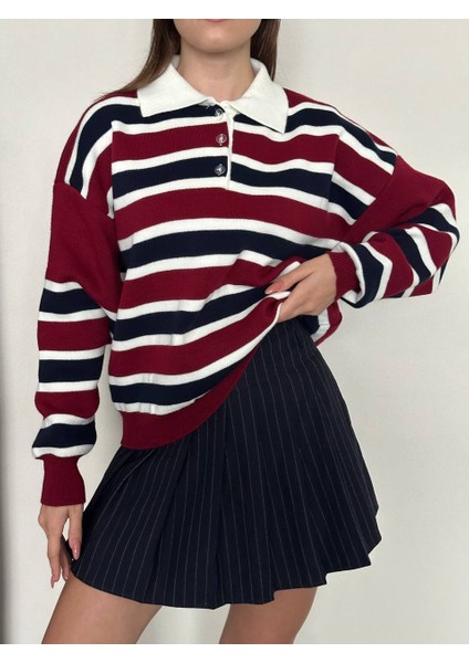 Şık Çizgili Polo Yaka Triko Kazak modelleri