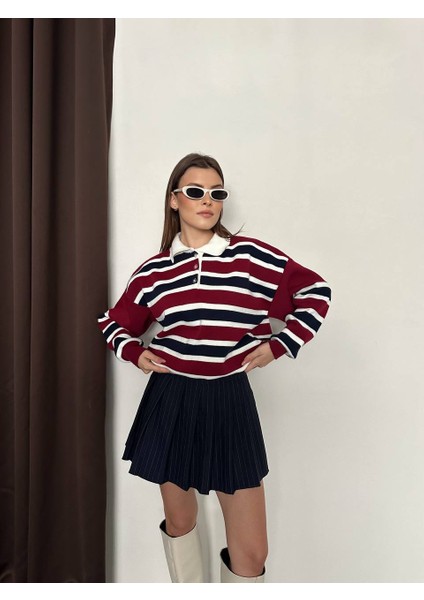 Şık Çizgili Polo Yaka Triko Kazak fırsatları