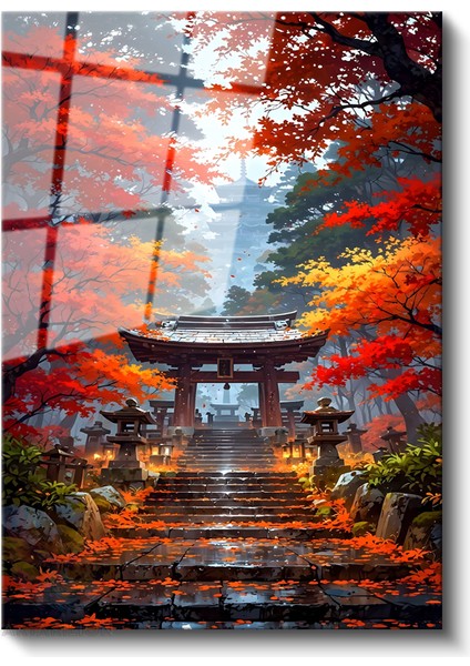 Cam Dikey Duvar Tablosu Cam Japonya Sonbahar Kapılar Ev Ofis Salon Modern Duvar Tablosu