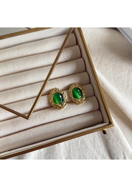 Çelik Yeşil Taşlı Vintage Küpe