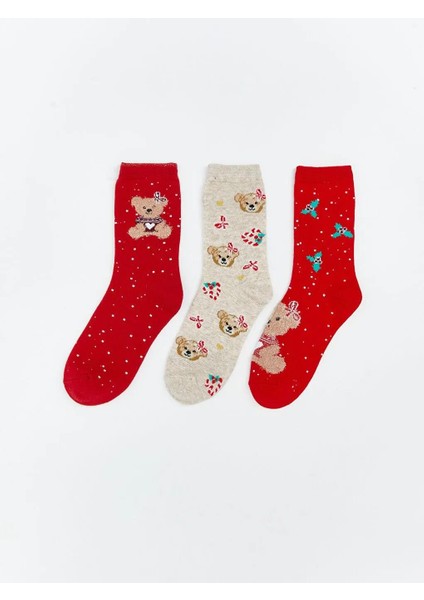 Ayı Teddy Desenli Kız Çocuk Soket Çorap 3'lü (W5)
