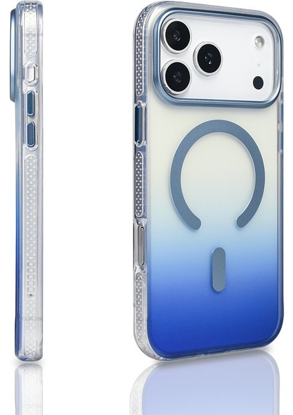 iPhone 17 Pro Max Kılıf M-Safe Şarj Özellikli Transparan Renk Geçişli Otnv Toros Kapak - Mavi