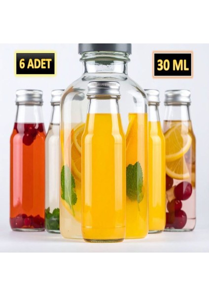 6 Adet - 30 ml Şeffaf Cam Şişe Gümüş Kapak Limonata Şişesi Kolonya Şişesi, Meyve Suyu Şişesi