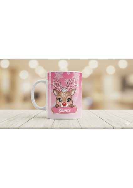 Noel Temalı Geyik Desenli , Yeni Yıl Hediyesi , Isim Baskılı Özel Üretim Kişiselleştirilebilir Porselen Kupa,