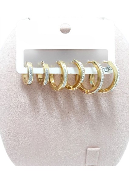 Çelik Küpe 3'lü Zirkon Taşlı Köşeli Halka Model Küpe 4 mm Kalınlık Altın Sarısı Gold