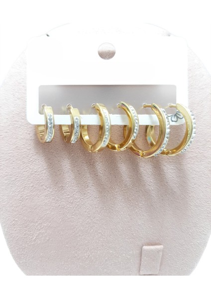 Çelik Küpe 3'lü Zirkon Taşlı Köşeli Halka Model Küpe 4 mm Kalınlık Altın Sarısı Gold fiyatları