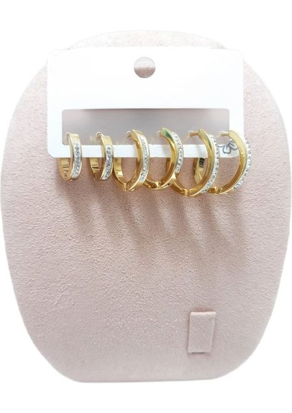 Çelik Küpe 3'lü Zirkon Taşlı Köşeli Halka Model Küpe 4 mm Kalınlık Altın Sarısı Gold modelleri