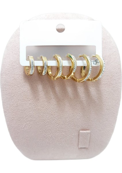 Çelik Küpe 3'lü Zirkon Taşlı Köşeli Halka Model Küpe 4 mm Kalınlık Altın Sarısı Gold fırsatları