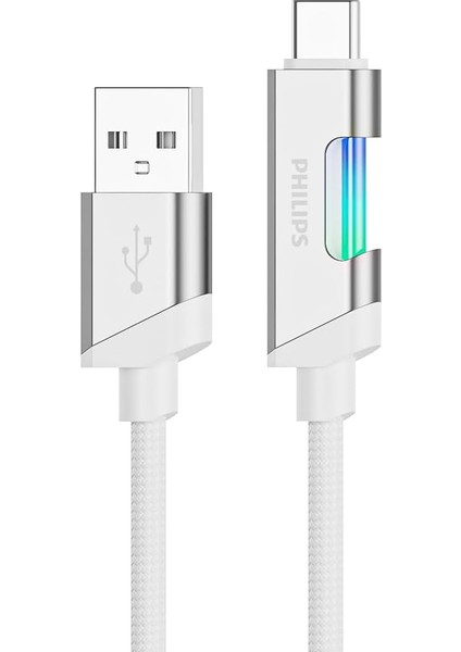 DLC5021A Usb-A - Type-C Şarj Kablosu, Hızlı Şarj, 3A Yüksek Akım, 1 Metre, Dayanıklı Örgü Kablo, Çok Renkli Işık (Beyaz)