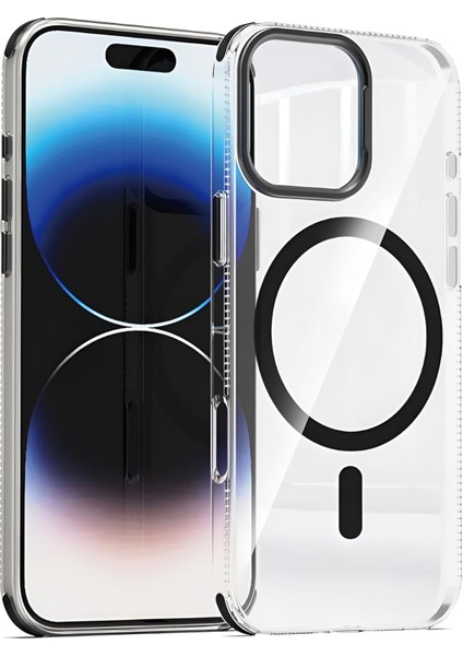 15 Pro Max ile Uyumlu Magsafe Şeffaf Kılıf - Dört Köşe Darbe Koruması, Metal Kamera Çerçevesi ve Tuşlar, Sararmaya Dayanıklı Şeffaf Arka Yüzey, Platinum Serisi, Siyah