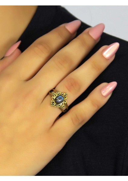 Doğal Taş Labradorit Doğal Taşlı Antik Model Kadın Ayarlanabillir Yüzük EUY71LBT
