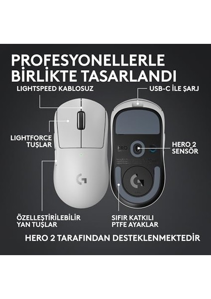 G Pro x Superlight 2c Kablosuz Oyuncu Mouse, Hafif, Hero 2 Sensör, 32.000 Dpı, Beyaz modelleri